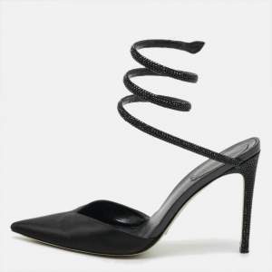 Pre Owned René Caovilla Cleo Crystal Embellished Size 37.5 Black Satin Pumps