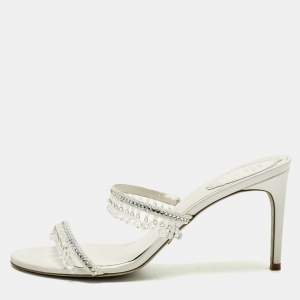 مملوكة مسبقًا René Caovilla Chandelier Size 38 White Satin Crystal Embellished Slide Sandals