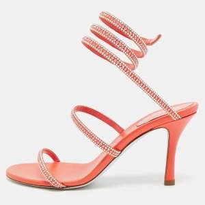 مملوكة مسبقًا René Caovilla Size 36 Orange Leather and Satin Crystal Embellished Ankle Wrap Sandals