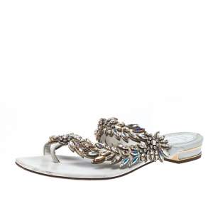 Rene Caovilla White Leather Crystal Embellished Slides Sandals Size 36