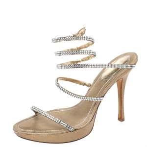 Rene Caovilla Metallic Gold Crystal Embellished Ankle Wrap Sandals Size 38