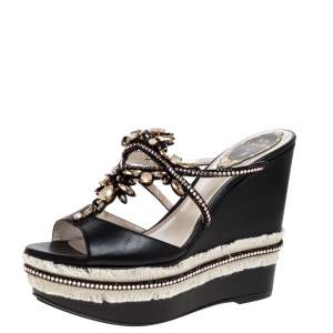 René Caovilla Black Leather Jewel Embellished Wedge Platform Sandals Size 37