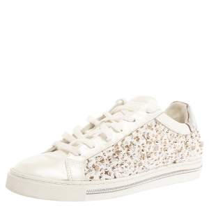 Rene Caovilla White Leather And Floral Lace Embellished Lace Up Sneakers Size 38