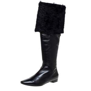 Rene Caovilla Black Leather And Faux Fur Knee High Boots Size 39 