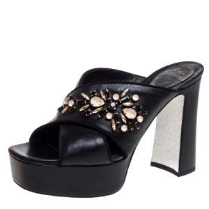 René Caovilla Black Leather Crystal Embellished Cross Strap Peep Toe Platform Mules Size 38