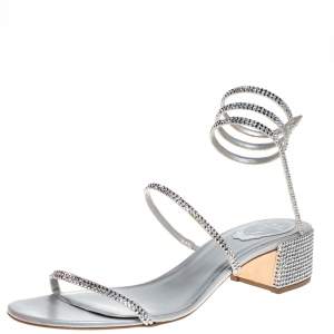 Rene Caovilla Silver Satin and Leather Cleo Crystal Embellished Sandals Size 40