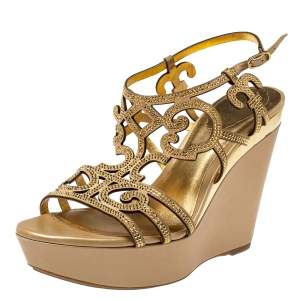 Rene Caovilla Beige Gold Rhinestone Embellished Suede Platform Wedge Sandals Size 39
