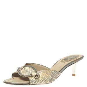 Rene Caovilla Cream Python Crystal Embellished Slide Sandals Size 37