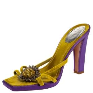 René Caovilla Yellow Velvet Flower Embellished Slide Sandals Size 39