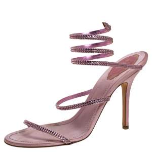 René Caovilla Pink Satin Crystal Embellished Ankle Wrap Open Toe Sandals Size 40