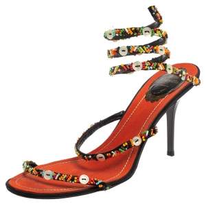 René Caovilla Orange/Black Satin  Embellished Ankle Wrap Sandals Size 39.5