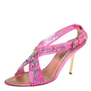René Caovilla Pink Satin Embellished Criss Cross Sandals Size 38.5