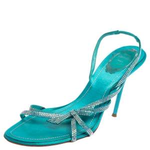 René Caovilla Blue Satin Crystal Embellished Strappy Slingback Sandals Size 38.5