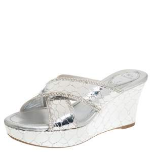Rene Caovilla Metallic Silver Textured Leather Wedge Platform Slide Sandals Size 37