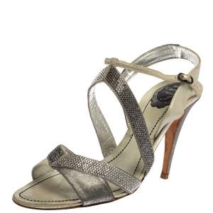 René Caovilla Silver/Grey Embellished Satin And Glitter Nubuck Leather Ankle Strap Sandals Size 39.5