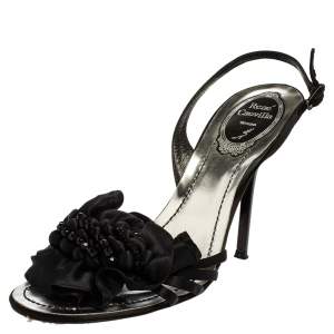 René Caovilla Black Satin Embellished Sandals Size 36.5