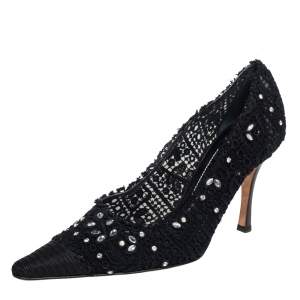 René Caovilla Black Lace And Canvas Crystal Embellished Pumps Size 40