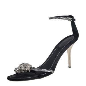 René Caovilla Black Satin And Crystal Embellished Sandals Size 40