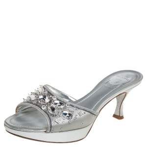 René Caovilla Metallic Silver Satin Crystal Embellished Slide Sandals Size 38
