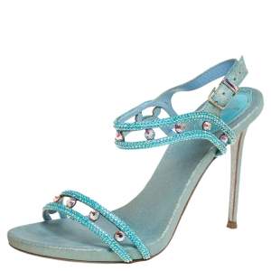 René Caovilla Metallic Blue Leather Crystal Embellished Ankle Strap Sandals Size 37