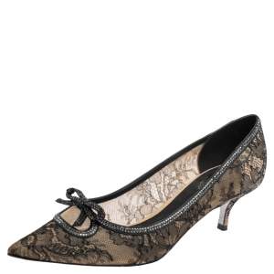 René Caovilla Beige/Black Lace And Net Hematite Pumps Size 39