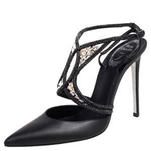 René Caovilla Black Leather Crystal Embellished Sandals Size 40