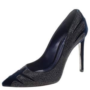 René Caovilla Blue Velvet Crystal Embellished Pointed Toe Pumps Size 38