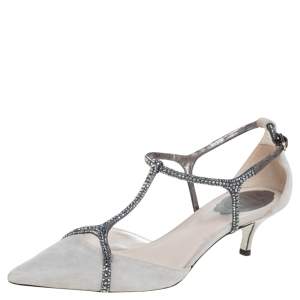 René Caovilla Grey Suede, Crystal Embellished Pointed Toe Slingback Sandals Size 38
