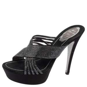 René Caovilla Black Crystal Embellished Fabric Cross Strap Platform Slide Sandals Size 37.5