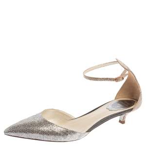René Caovilla Silver Texture Leather Ankle Strap Kitten Heel Sandals Size 38.5