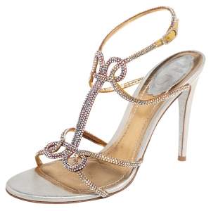 René Caovilla Beige Satin Crystal Embellished Ankle Strap Sandals Size 39.5