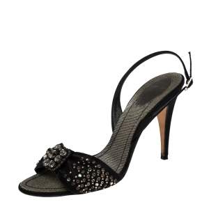 René Caovilla Black Satin Embellished Sandals Size 39