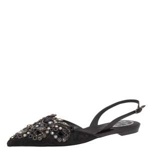 Rene Caovilla Black Satin Crystal Embellished  Slingback Flats Size 37.5