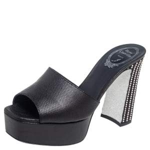 Rene Caovilla Black Leather Slide Sandals Size 37.5