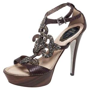 René Caovilla Brown Snakeskin Crystal Embellished Open Toe Sandals Size 37