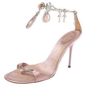 Rene Caovilla Pink Satin Embellished Anklet Open Toe Sandals Size 40