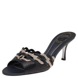 René Caovilla Black Python Leather And Embellished Satin Slides Sandals Size 38.5