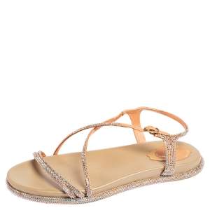 René Caovilla Peach Satin Emi Crystal Embellished Flat Sandals Size 38