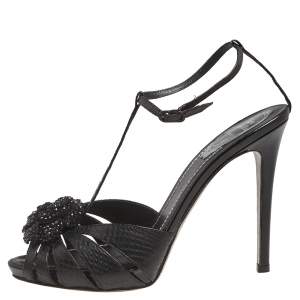 René Caovilla  Black Python Embossed Leather Ankle Strap Sandals Size 39