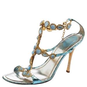 René Caovilla Metallic Blue Snakeskin Embossed Leather Stones/Crystals Embellished Ankle-Strap Sandals Size 39