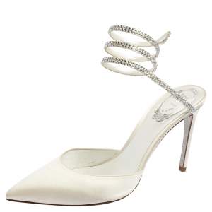 René Caovilla White Velvet Crystal Embellished Ankle Wrap Sandals Size 38