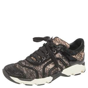 Rene Caovilla Beige/White Lace And Patent Embellished Lace Up Sneakers Size 38