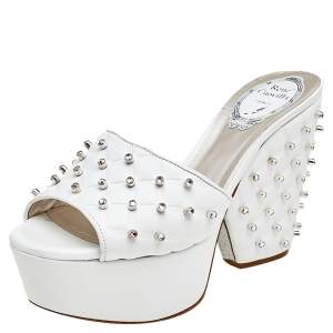 René Caovilla White Leather Embellished Wedge Platform Slide Sandals Size 36.5