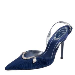 René Caovilla Blue Fabric Snake Embellished Slingback  Pumps Size 37