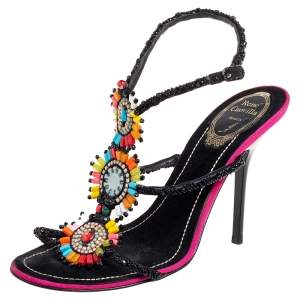 Rena Caovilla Multicolor Beaded Suede Ankle-Strap Sandals Size 37