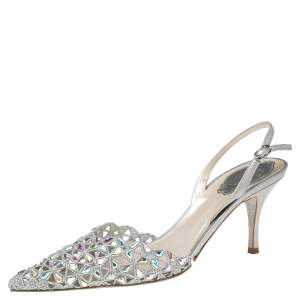 René Caovilla Metallic Grey Crystal Embellished Macrame Lace and Leather Slingback Sandals Size 38