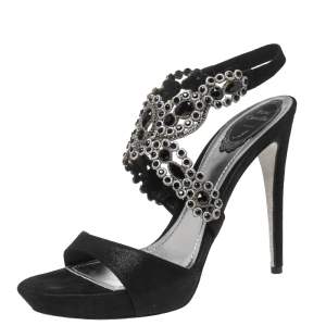 René Caovilla Black Suede Crystal Embellished Anklet Sandals Size 40