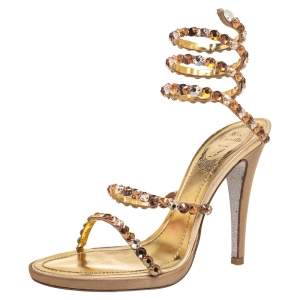 Rene Caovilla Gold Crystal Embellished Leather Cleo Spiral Sandals Size 37.5