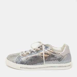 Rene Caovilla Silver Python and Leather Crystal Embellished Lace Up Sneakers Size 41