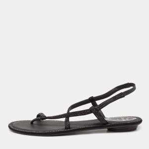 René Caovilla Black Satin Crystal Embellished Strappy Flats Size 38